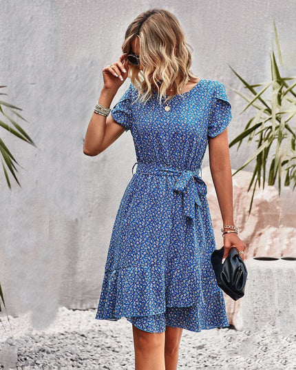 Axelle™ - Robe Bohémienne Courte Bleue Avec Imprimé