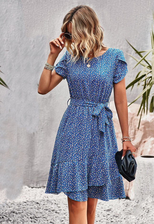 Axelle™ - Robe Bohémienne Courte Bleue Avec Imprimé
