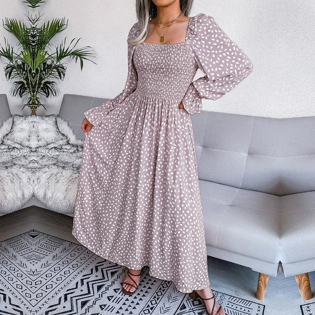 Eugénie™ Robe Maxi Beige Élégante À Manches Longues