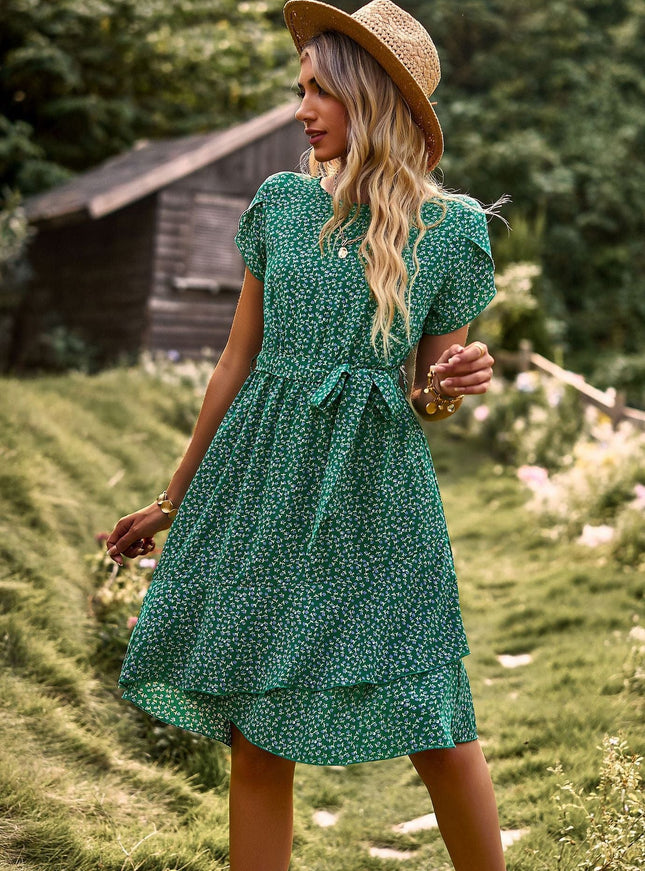 Mélina™ - Robe Bohémienne Courte Verte Avec Imprimé