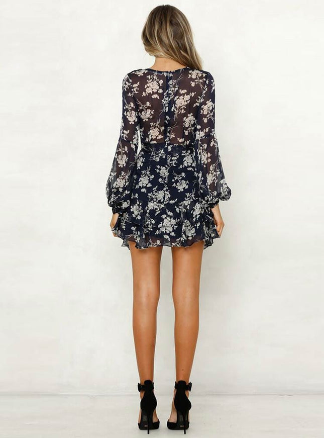Fabienne™ - Robe De Printemps Courte Bleue À Col En V Et Imprimé Floral Bleu
