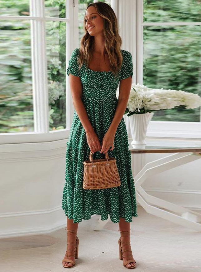 Hortense™ Robe Midi Verte Bohémienne Avec Manches Bouffantes