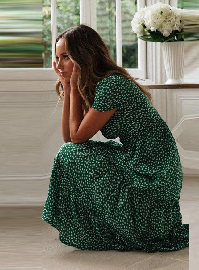 Hortense™ Robe Midi Verte Bohémienne Avec Manches Bouffantes
