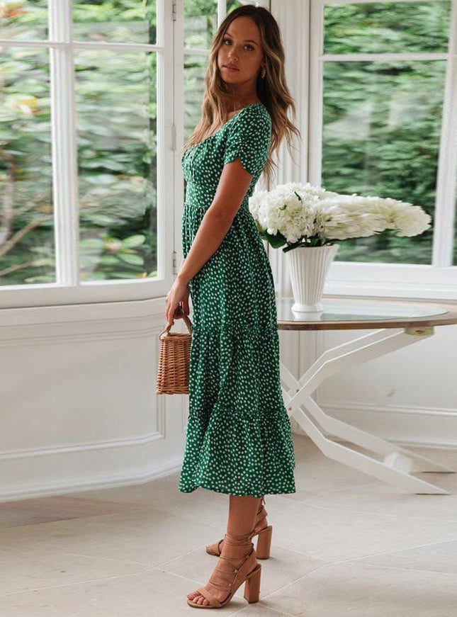 Hortense™ Robe Midi Verte Bohémienne Avec Manches Bouffantes
