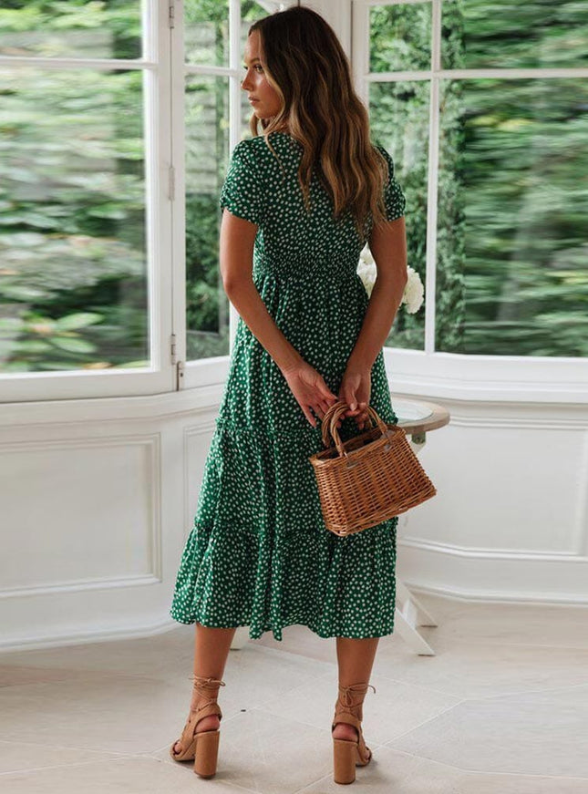Hortense™ Robe Midi Verte Bohémienne Avec Manches Bouffantes
