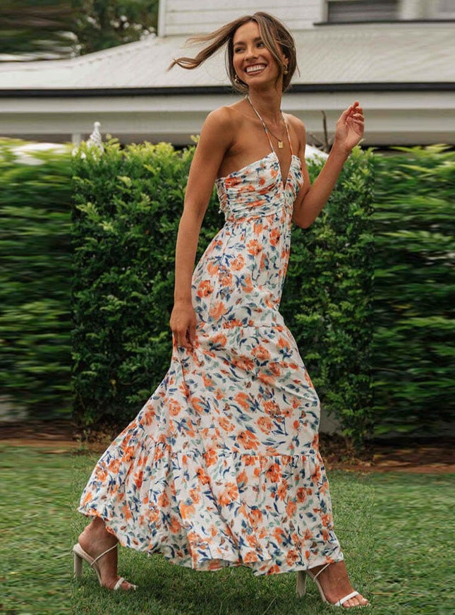 Lucie™ Robe D'Été Pour Invitée De Mariage Avec Fleurs Oranges Et Col En V