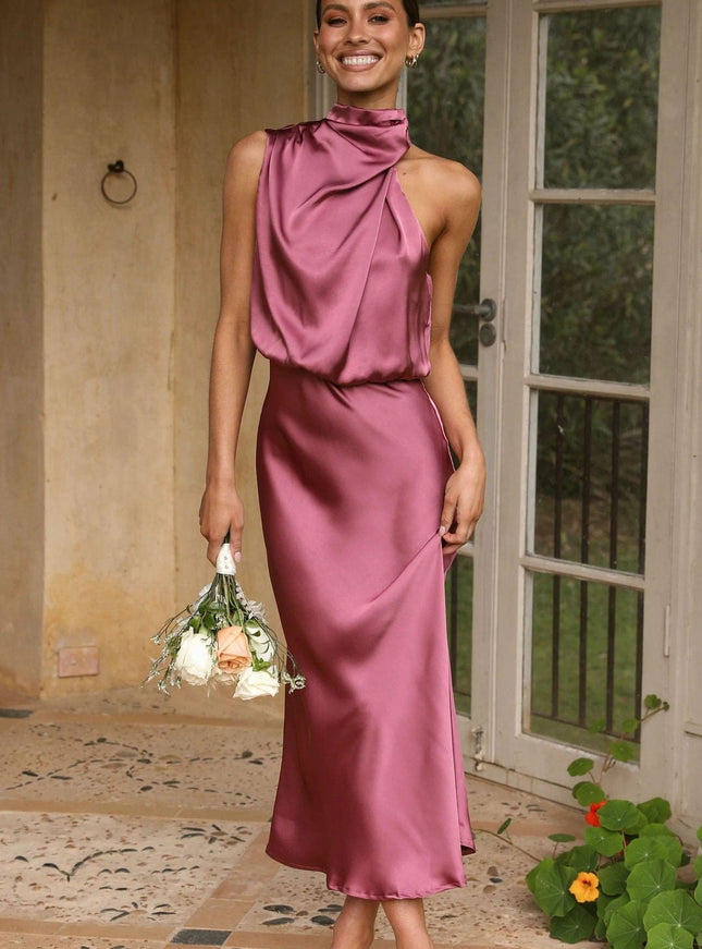 Aurélie™ - Robe Élégante En Satin À Col Haut Rose Pâle