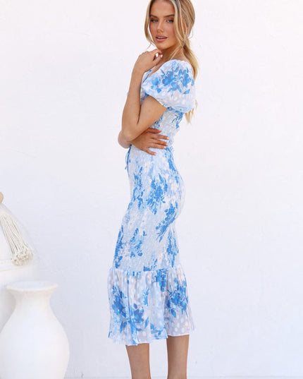 Ninon™ Robe Midi Sirène Bleue Avec Manches Bouffantes