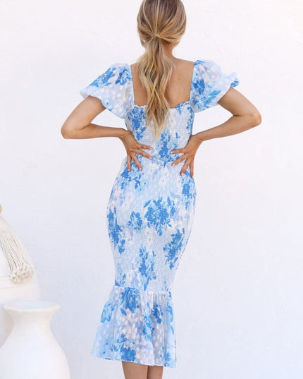 Ninon™ Robe Midi Sirène Bleue Avec Manches Bouffantes