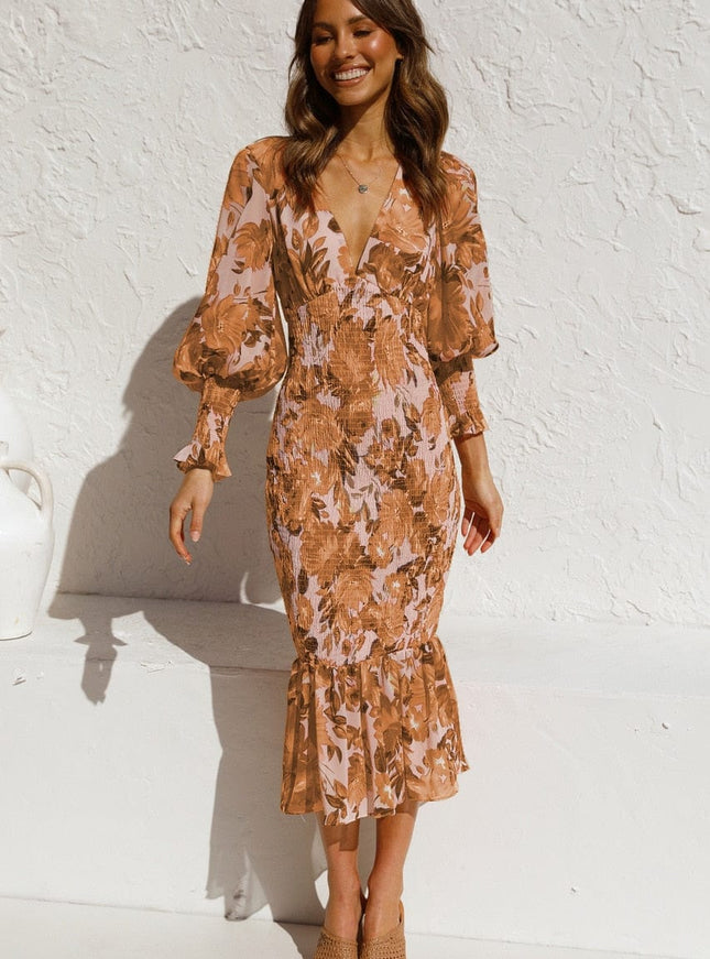 Léontine™ - Robe Marron À Manches Longues Avec Imprimé Élégant Et Col En V