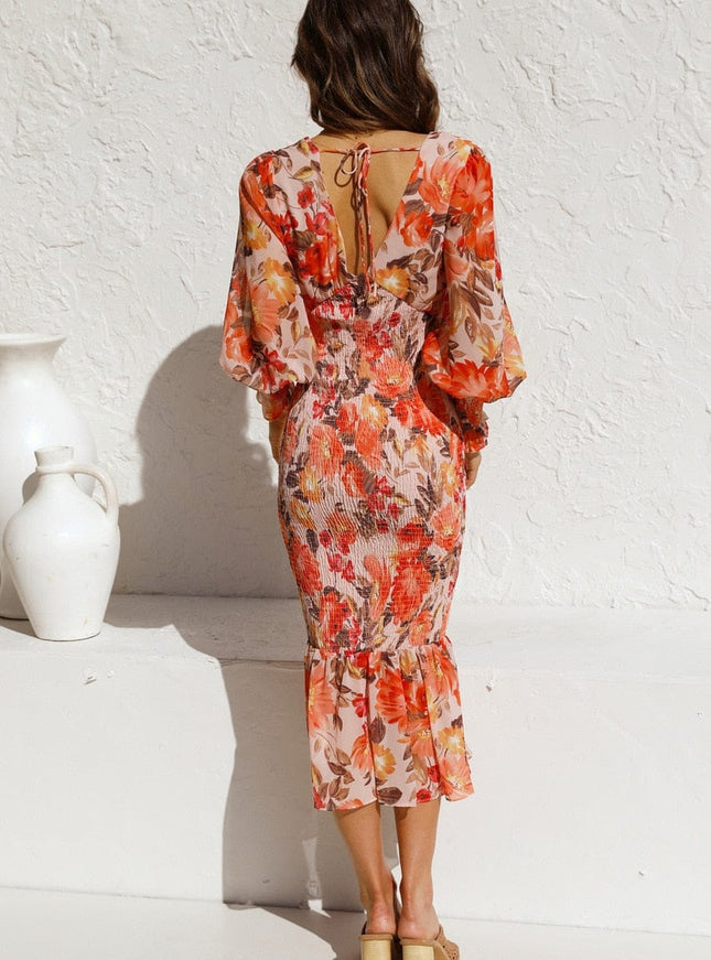 Léontine™ - Robe Marron À Manches Longues Avec Imprimé Élégant Et Col En V