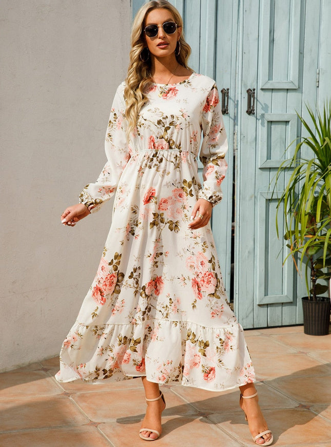 Adèle™ Robe Maxi Blanche À Manches Longues Avec Imprimé Floral Estival